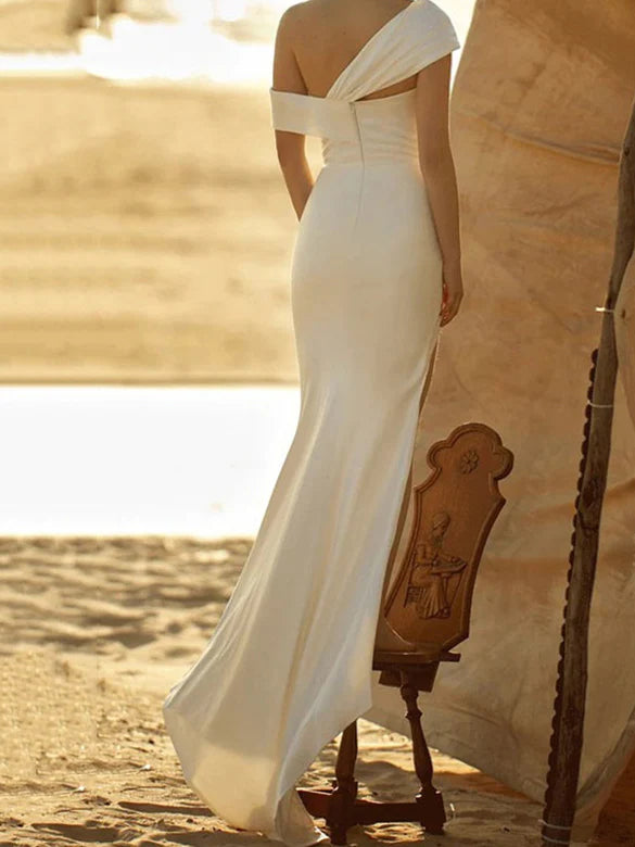 Wholesale Sheath/Column One-Shoulder Silk Satin Wedding Dress With Split